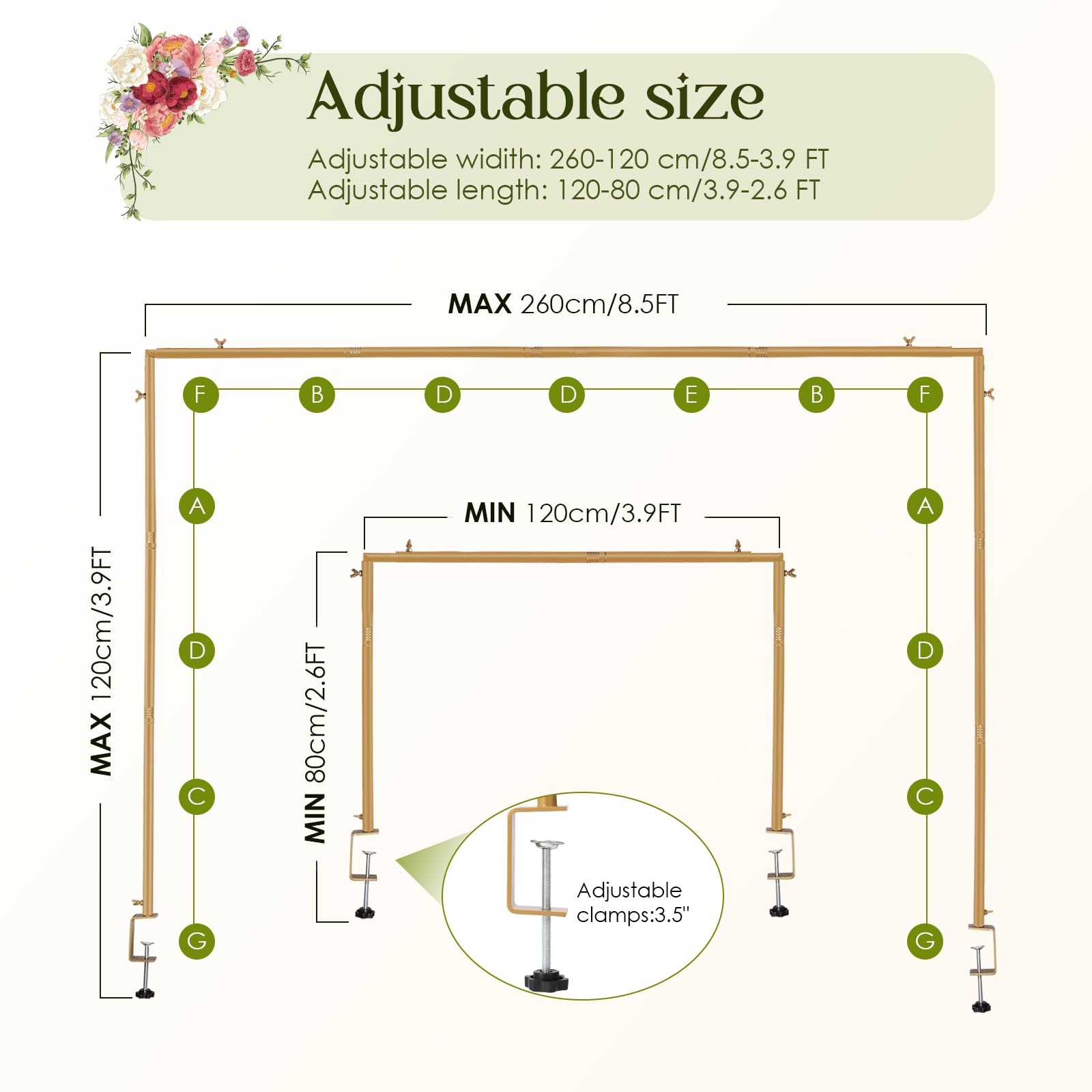 Arche de Table Extensible, Tige Décorative de Table avec Pinces, 120CM-260CM, Tige de Suspension en Métal sur Table, Arche de Table Doré pour Noël, Mariage, Anniversaire, Décoration de Fête Or