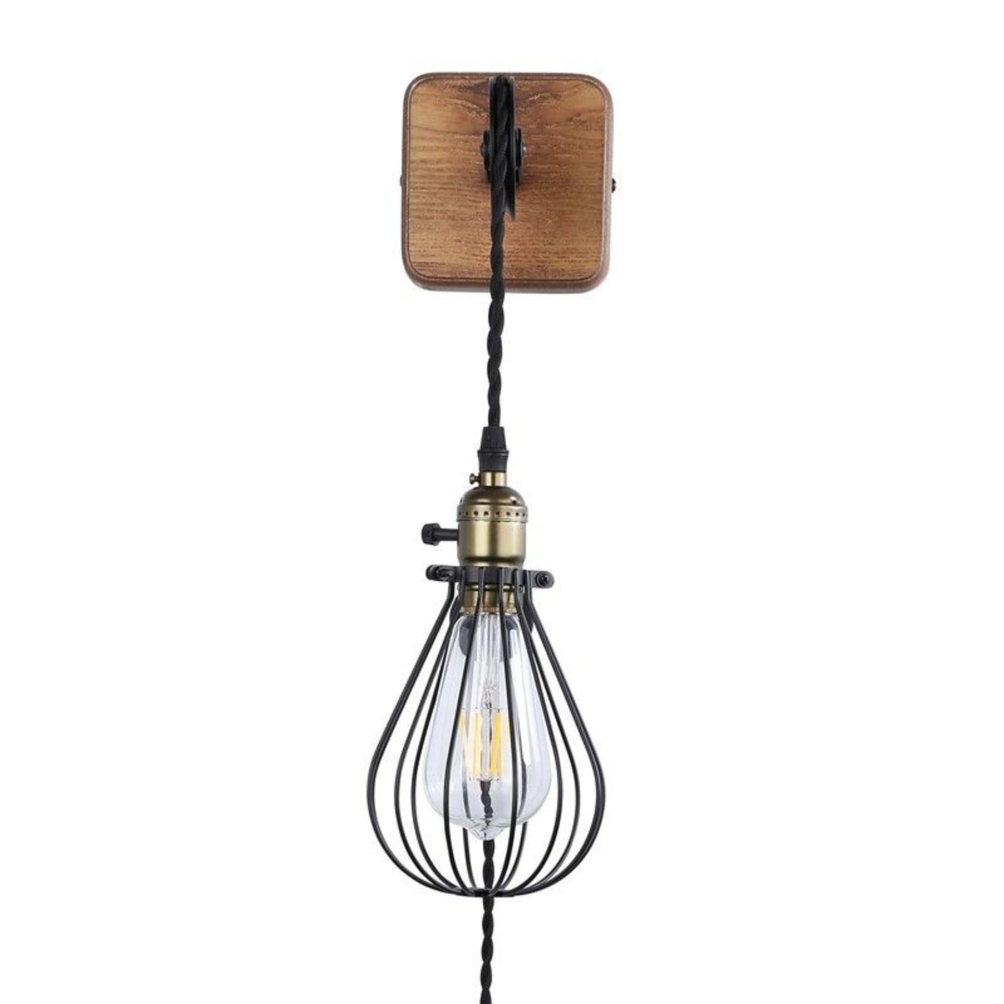 B·LED BARCELONA LED BarcelonaLED Applique Murale Vintage Bois avec Prise de Câble et Interrupteur Poulie Industrielle Suspendue Support de Lampe Cage E27 Socket