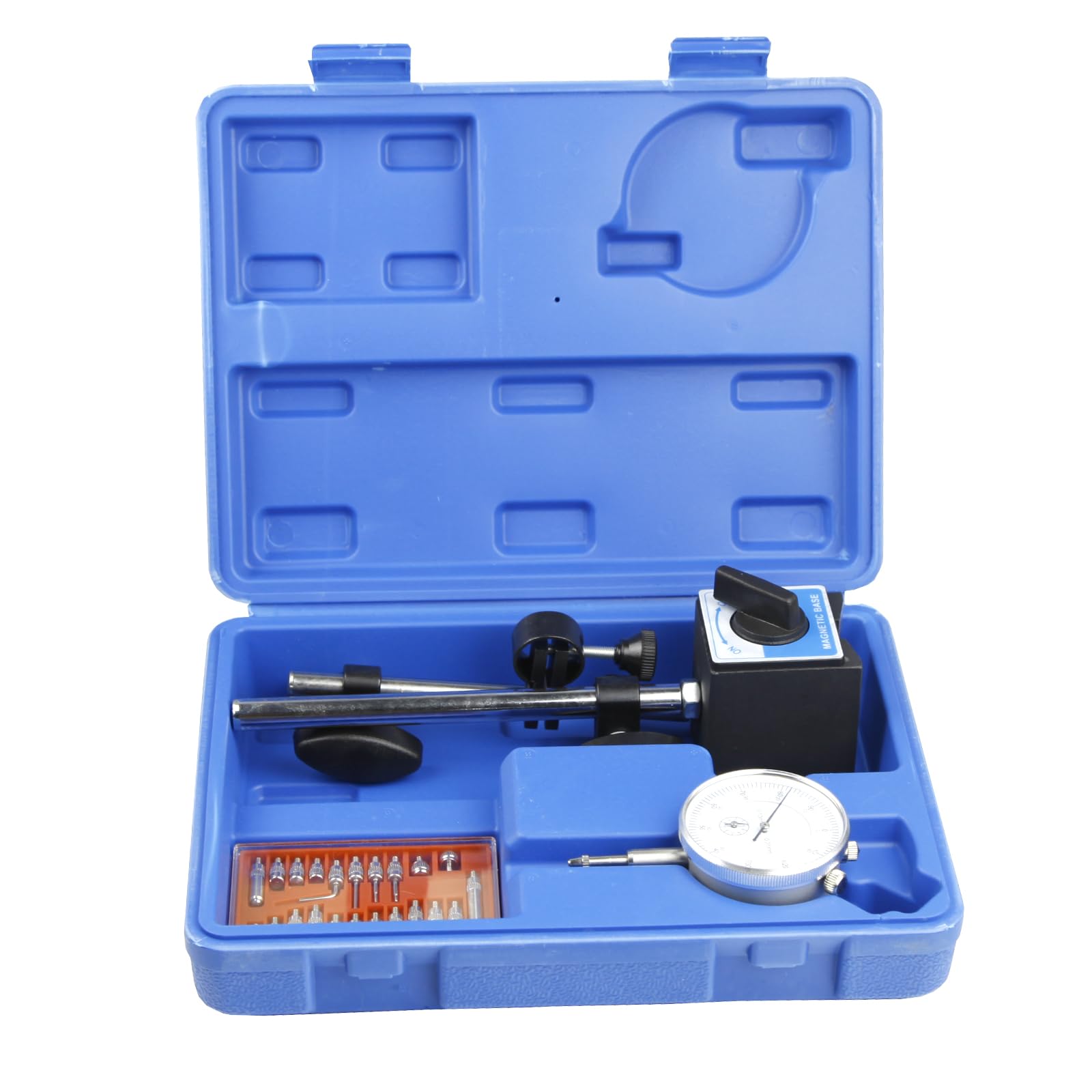 Messuhr mit Magnetfuß, verstellbarer langer Arm, 0-10 mm, Messgerät 0,01 mm, mit Aufbewahrungskoffer, 22-teilig