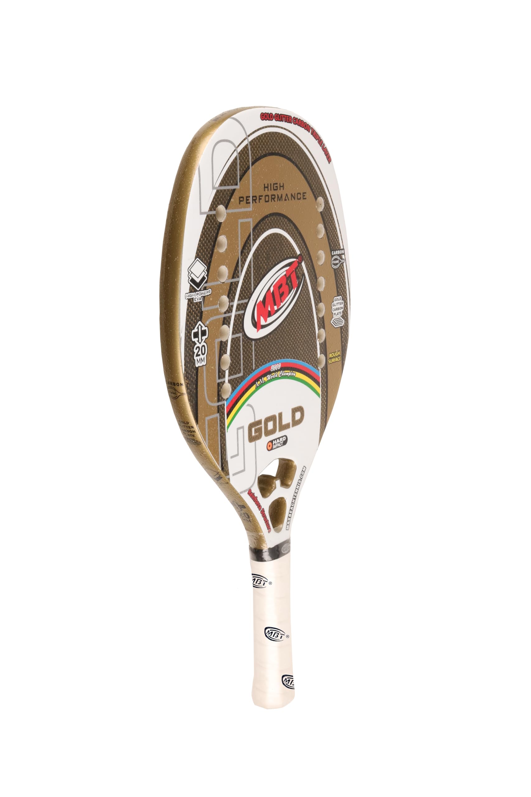 MBT GOLD, Racchetta Beach Tennis Gold Glitter Carbonio Triple Layer- Trattamento ruvido- Eva High Power – Leggera e Bilanciata – Profilo 20 mm - Custodia inclusa - Alan Maldini campione del Mondo 2010