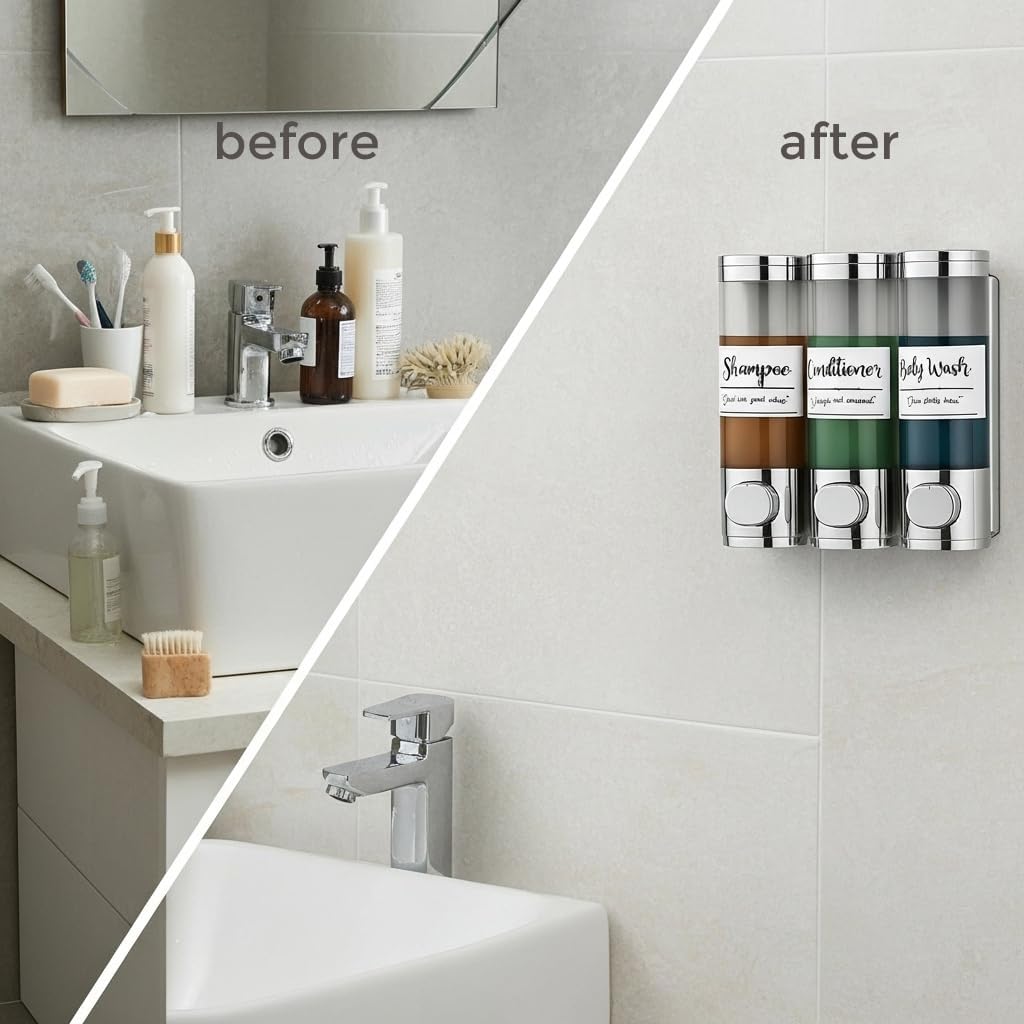 Soap Dispenser - 3 Chamber - 3x300ml - No Drill Wall Mount Bottles Organizer Toiletries for Cream Lotion Liquid Soaps Shampoo Conditioner Storage - Modern Essentials Bathroom Set - Chrome 1