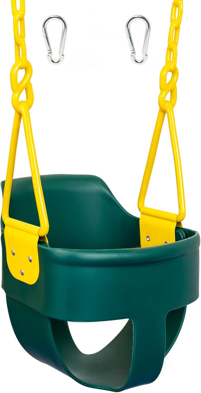 Premium High Back Full Bucket Toddler Swing Seat with Finger Grip, Plastic Coated Chains and Carabiners for Easy Install – Green – Squirrel Products