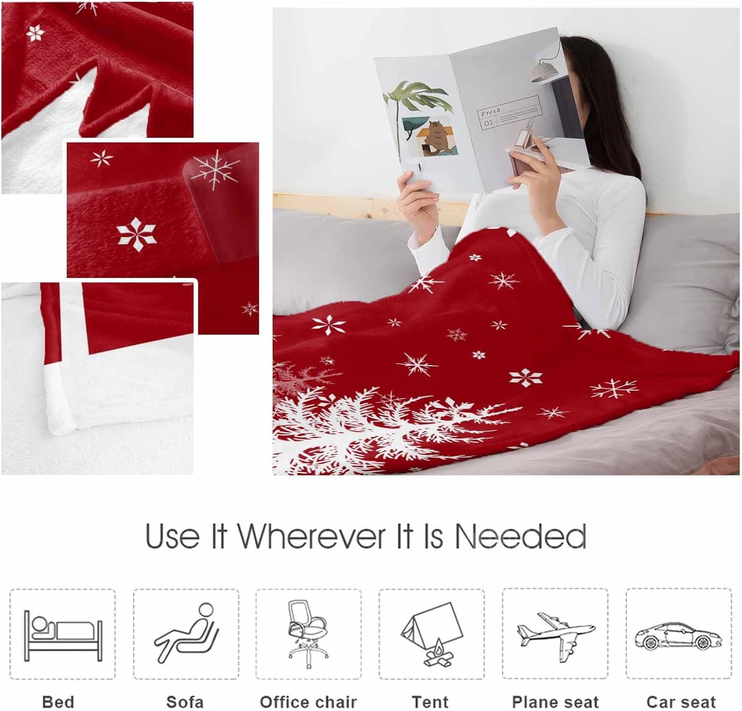 Fuzzy Fleece Throw Blanket, Lightweight Christmas Winter Snowflake Tree Elk Red Super Soft Flannel Bed Blankets, Reversible Plush Sherpa Blankets for Couch, Bed, Sofa for Christmas Decor 39"x59"
