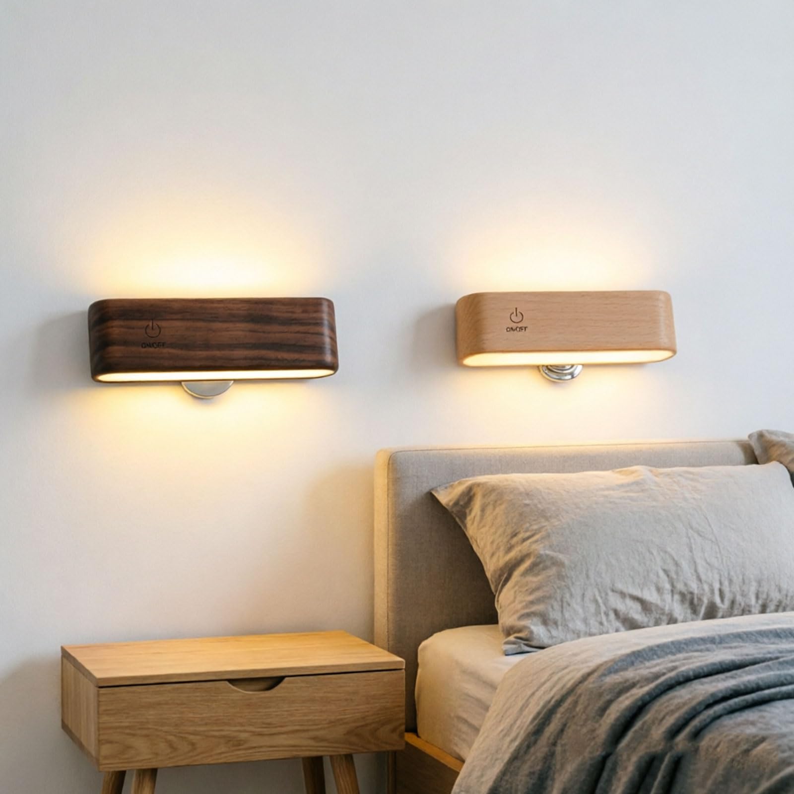 Luce notturna in legno con luce delicata, perfetta per la lettura sul comodino e una comoda luce notturna