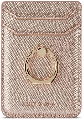 TOPWOOZU Phone Card Holder with Ring Grip for Back of Phone,Adhesive Stick-on Credit Card Wallet Pocket for iPhone,Android and Smartphones Rosegold