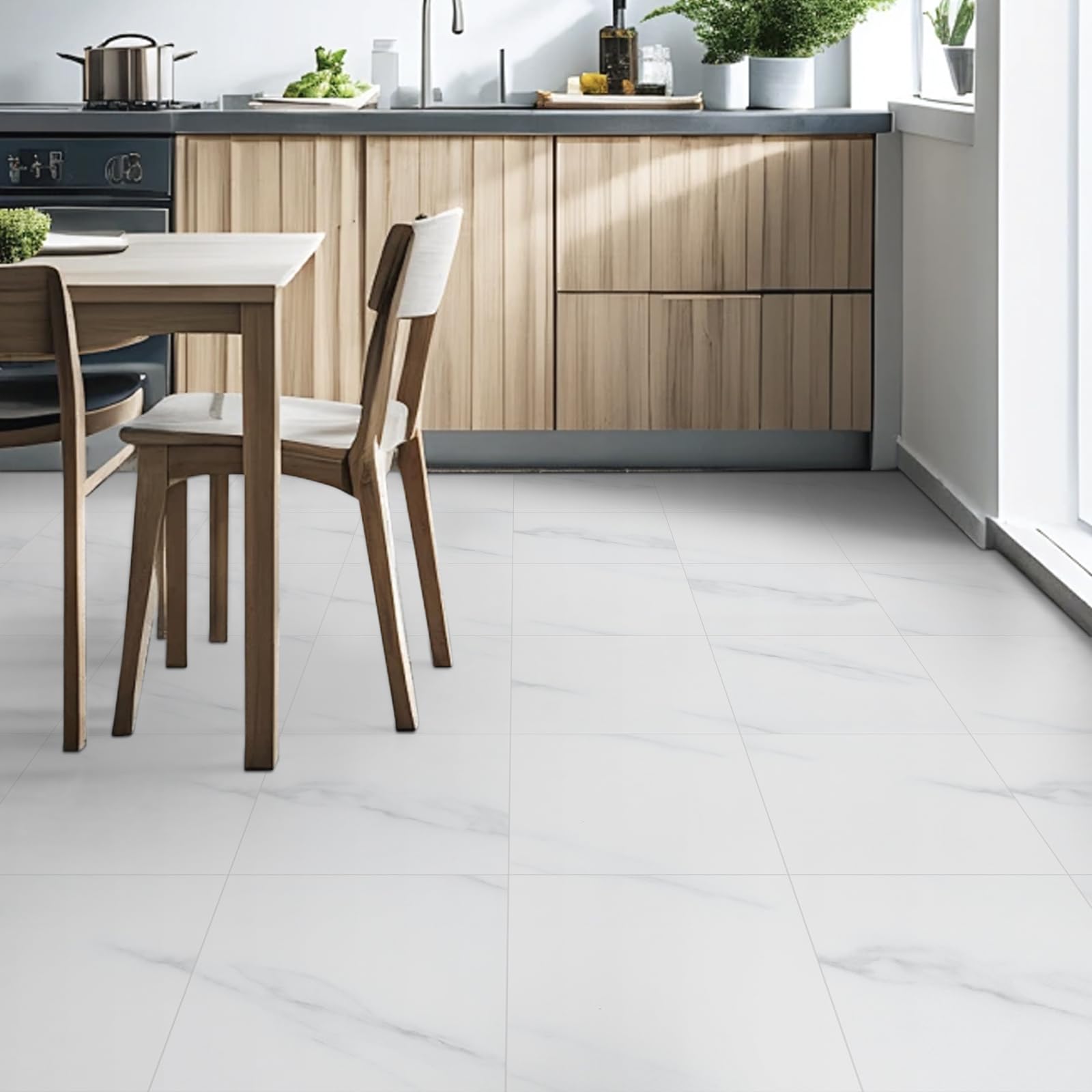 Peel and Stick Floor Tiles Self Adhesive Vinyl Flooring, White Marble Effect Waterproof Anti Slip for Bathroom Kitchen Living Room 12x12 in (30 x 30 cm, 0.36㎡)