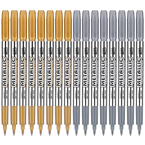 selizo 16 Pcs Gold and Silver Metallic Marker Pens, Metallic Permanent Paint Markers for Cards Writing Signature Lettering Metallic Painting