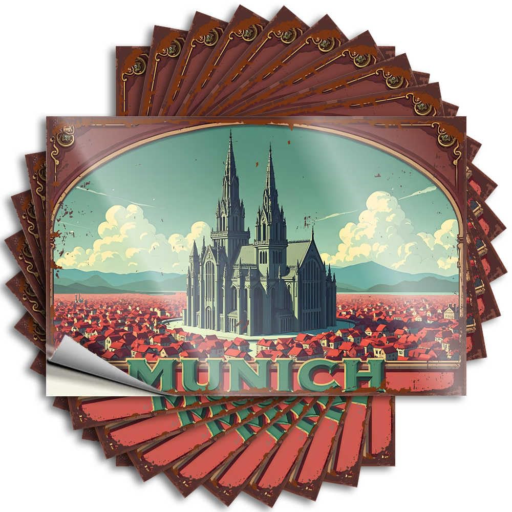 Fzfn Colour Sticker Grunge Easy Apply | Vintage Munich Cityscape With Cathedral And Red Roofs Smiley Face Cover Peel And Stick(12X18cm)