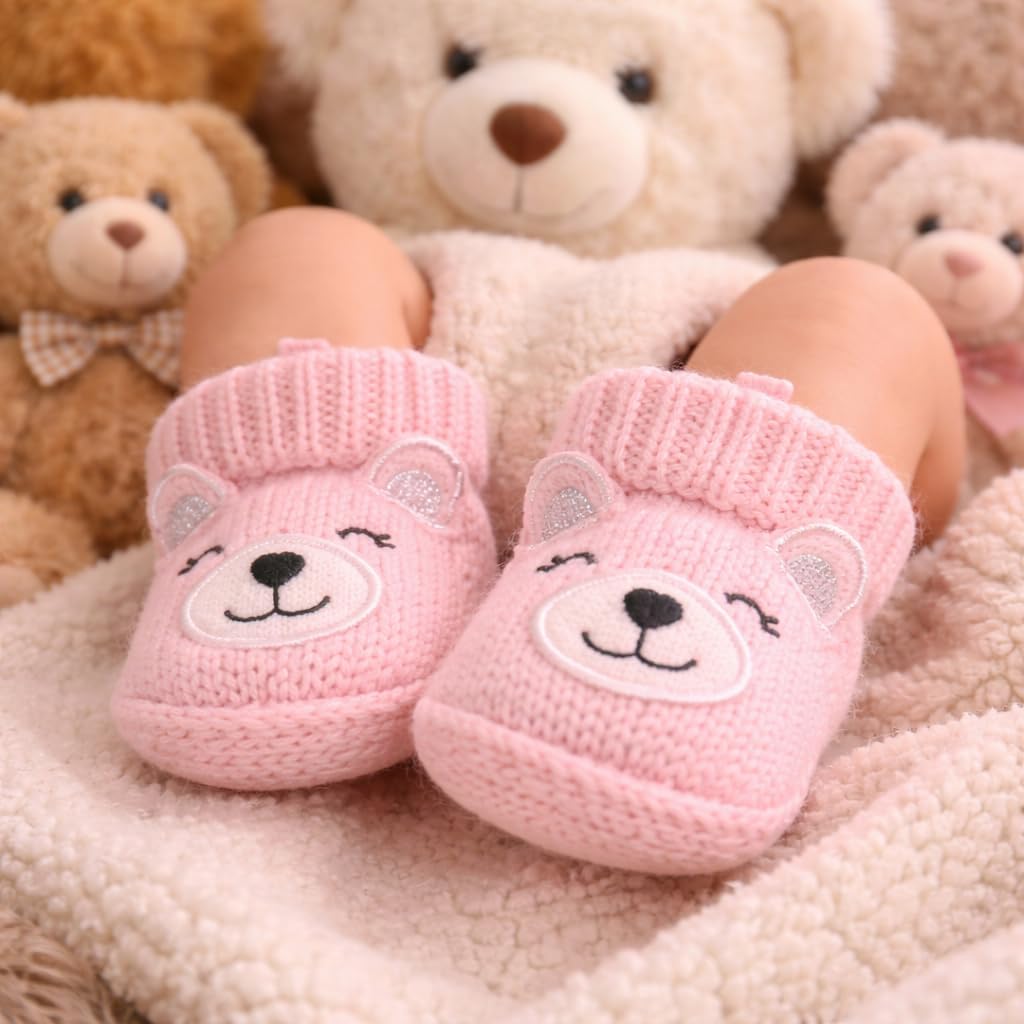 Shag Wear Newborn Baby Girl Bear Knit Socks Soft and Cozy Folded Cuff 100% Cotton Pink