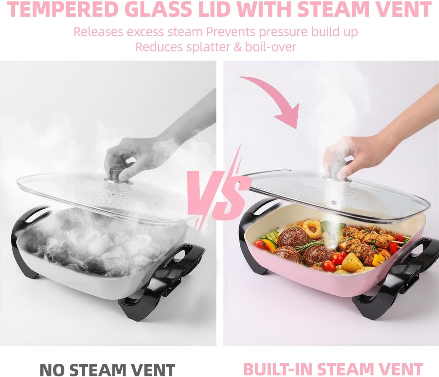 12" Ceramic Nonstick Electric Skillet with Tempered Vented Glass Lid, Scratch-Resistant Surface, Cool-Touch Handles, Removable Easy-to-Clean Design, 1200W, Vibrant Pink