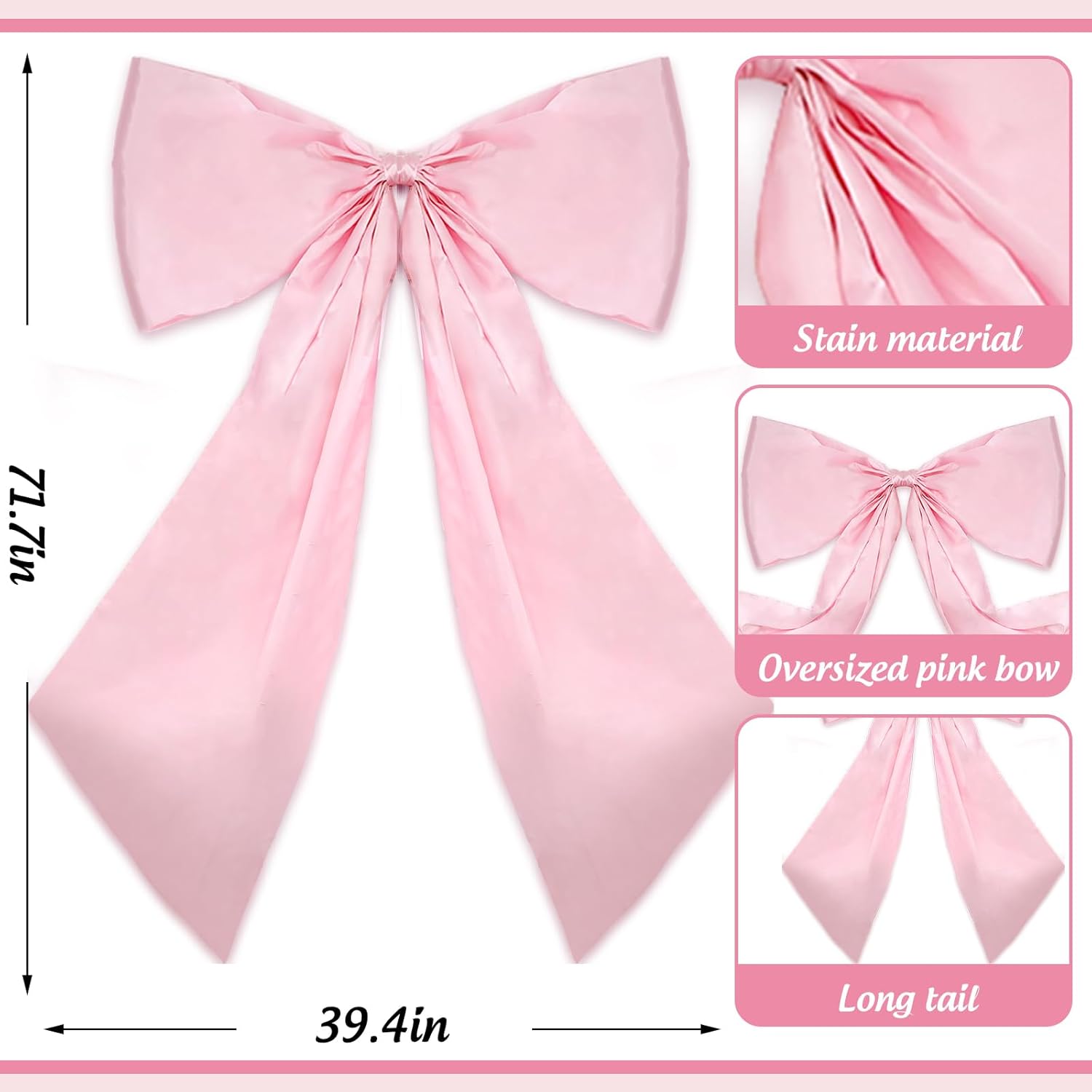 JarThenaAMCS Valentine's Day Extra Large Satin Ribbon Bow Hanging Big Pink Bow for Coquette Birthday Bachelorette Wedding Mirror Party Home Door Fireplace Tree Arch Window Wall Decoration,72 x 39 Inch