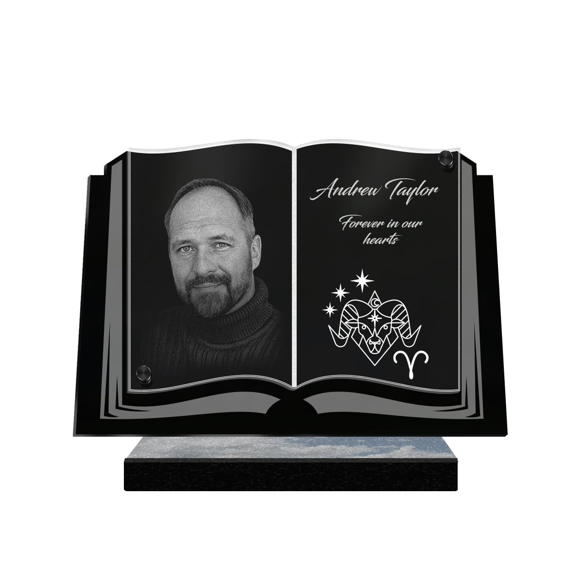 ETERNEL - Personalized Funeral Plaque Book Astro Aries Photo and Customizable Text, laser-engraved funeral plaque for tribute, tombstone, mortuary, funeral, burial