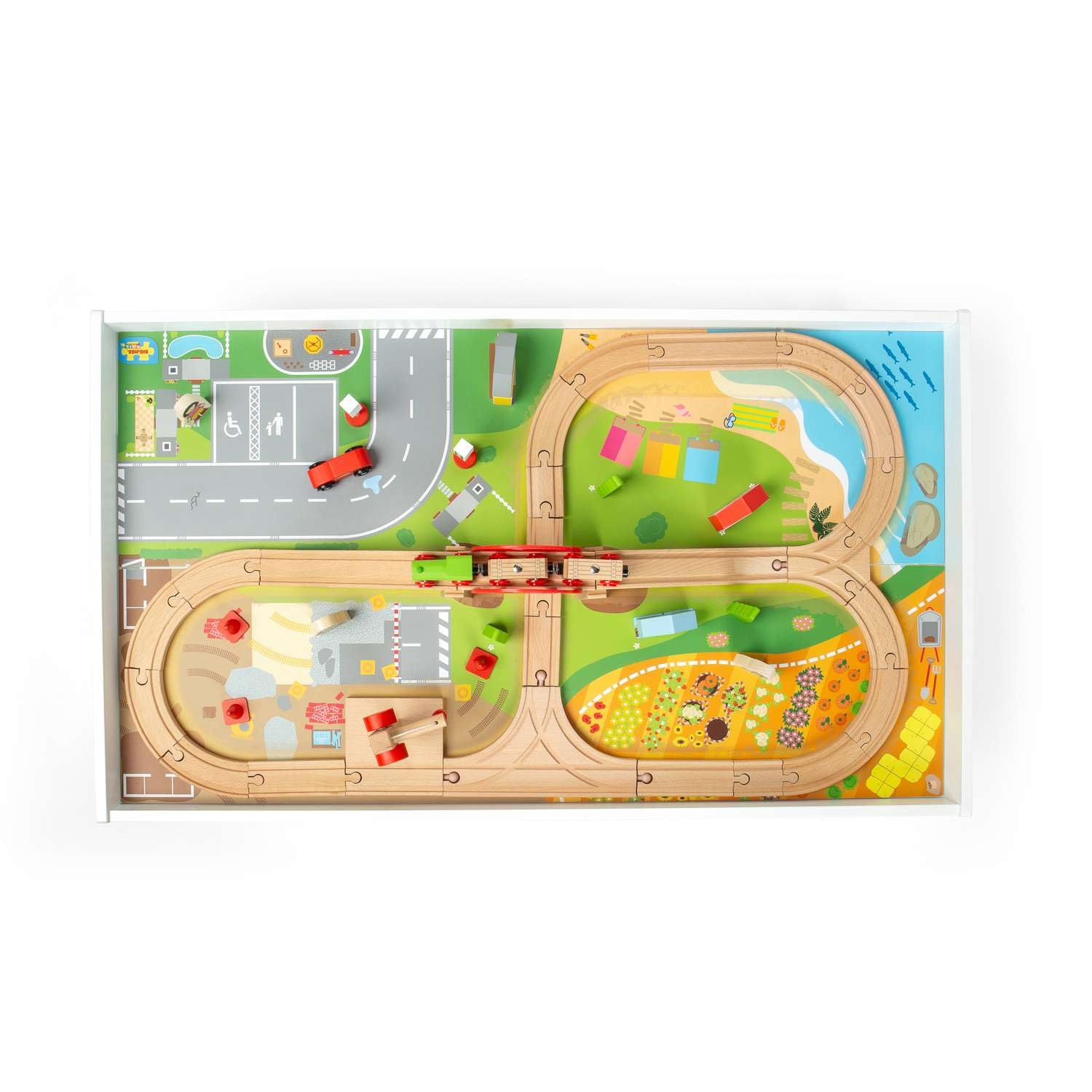 Bigjigs Rail - Zestaw pociągu i stół – 50 elementów do zabawy, drewniany stół do aktywności z plażą, polem rolniczym, placem budowy i od strony ulicy, pociągami dziecięcymi i zestawami kolejowymi,