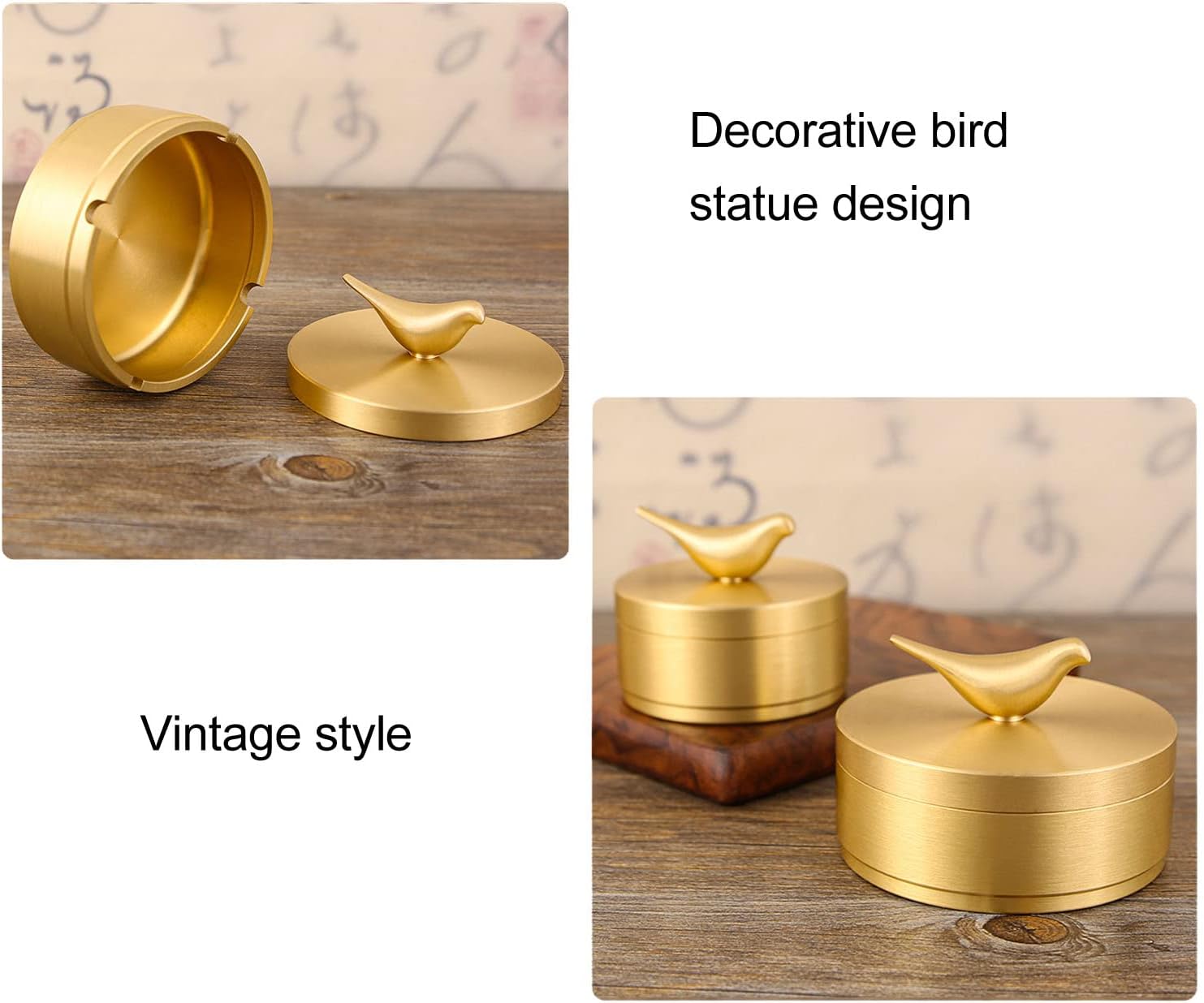 GLOGLOW Gold Ashtray with Lid for Cigarettes, Decorative Brass Tray for Home Office Table Decor, Outdoor Patio Windproof Smokeless Odorless Cigarette Holder