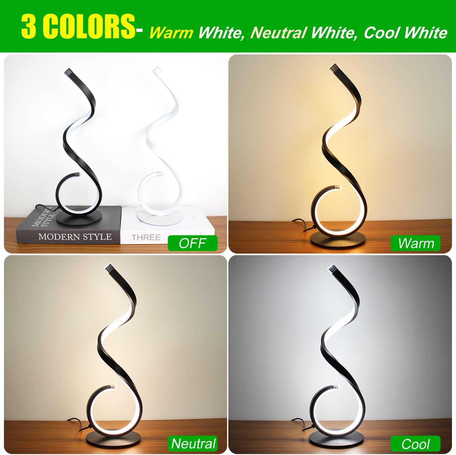LENIVER Spiral LED Table Lamp Set of 2, 10W 3 Colors Dimmable Modern Bedside Lamp, Unique Nightstand Lamps Desk Lamp Reading Lights for Living Room, Bedroom, Office, Kids Room - Black