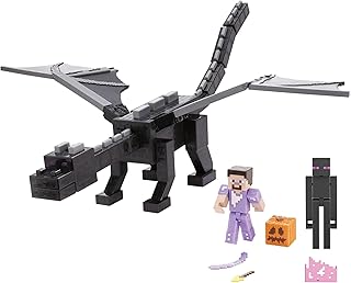 Mattel Minecraft - Set con il grande Enderdrago e le action figures di Steve e dell'Enderman, playset del 15° anniversario con accessori e design pixelato, giocattolo per bambini, 6+ anni, HTN25