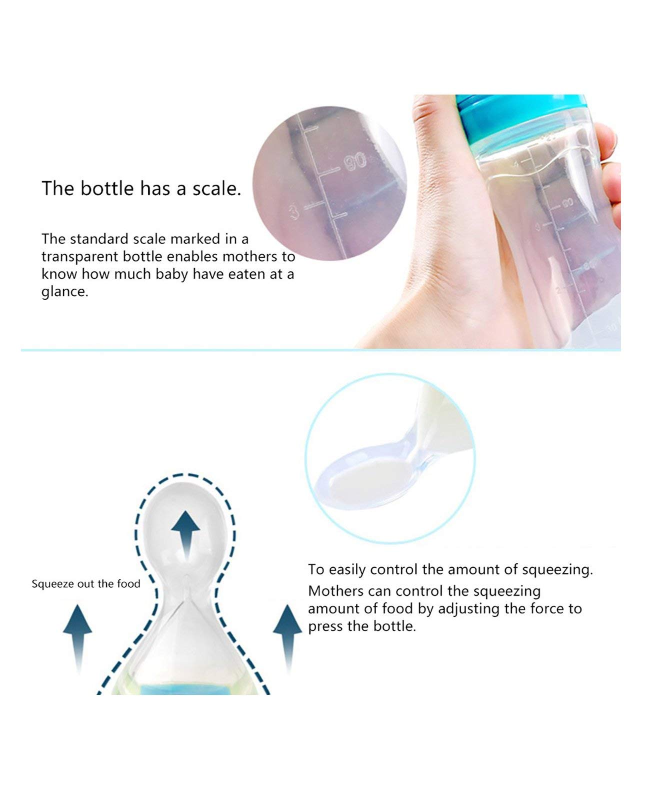 GRAYSEE Baby Safe Silicone Squeeze Fresh Food Feeder Bottle with Food Dispensing Spoon, Infant Food Nibbler Teething Toy Feeding Pacifier, CMB01 Pack of 2 (Blue) - Image 3 thumbnail