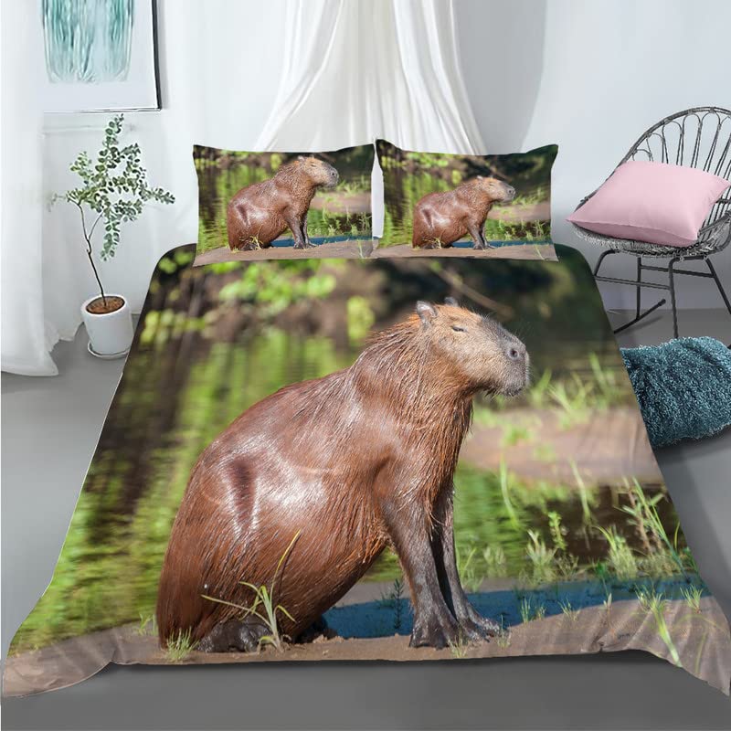 Parure de lit enfant 90x190 housse de couette ado vert capibara en microfibre douce