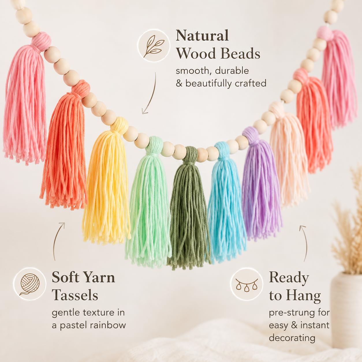 Bawełniana girlanda z frędzlami baner kolorowa dekoracja urodzinowa tło Boże Narodzenie boho wiszące dekoracje do sypialni, pokoju dziecięcego, pokoju zabaw, baby shower, dekoracja pokoju dziewczęcego, prezent urodzinowy (A)