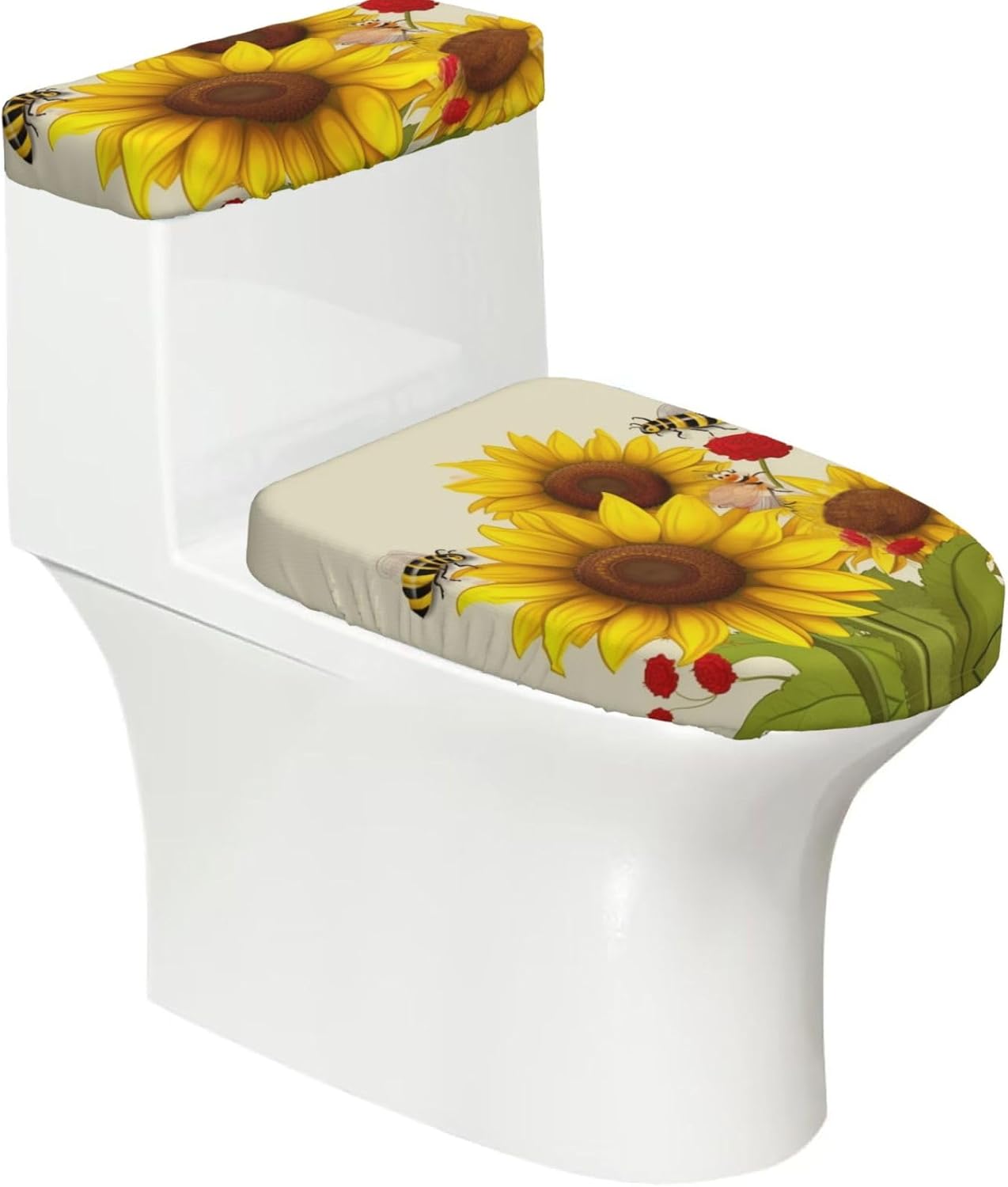 2 Pcs Toilet Lid Cover and Toilet Tank Lid Cover, Washable Toilet Cover with Elastic Bottom Replacement Soft Stretch Toilet Seat Cover Set Bees Sunflowers Daisy Rose Flowers Bathroom Decor