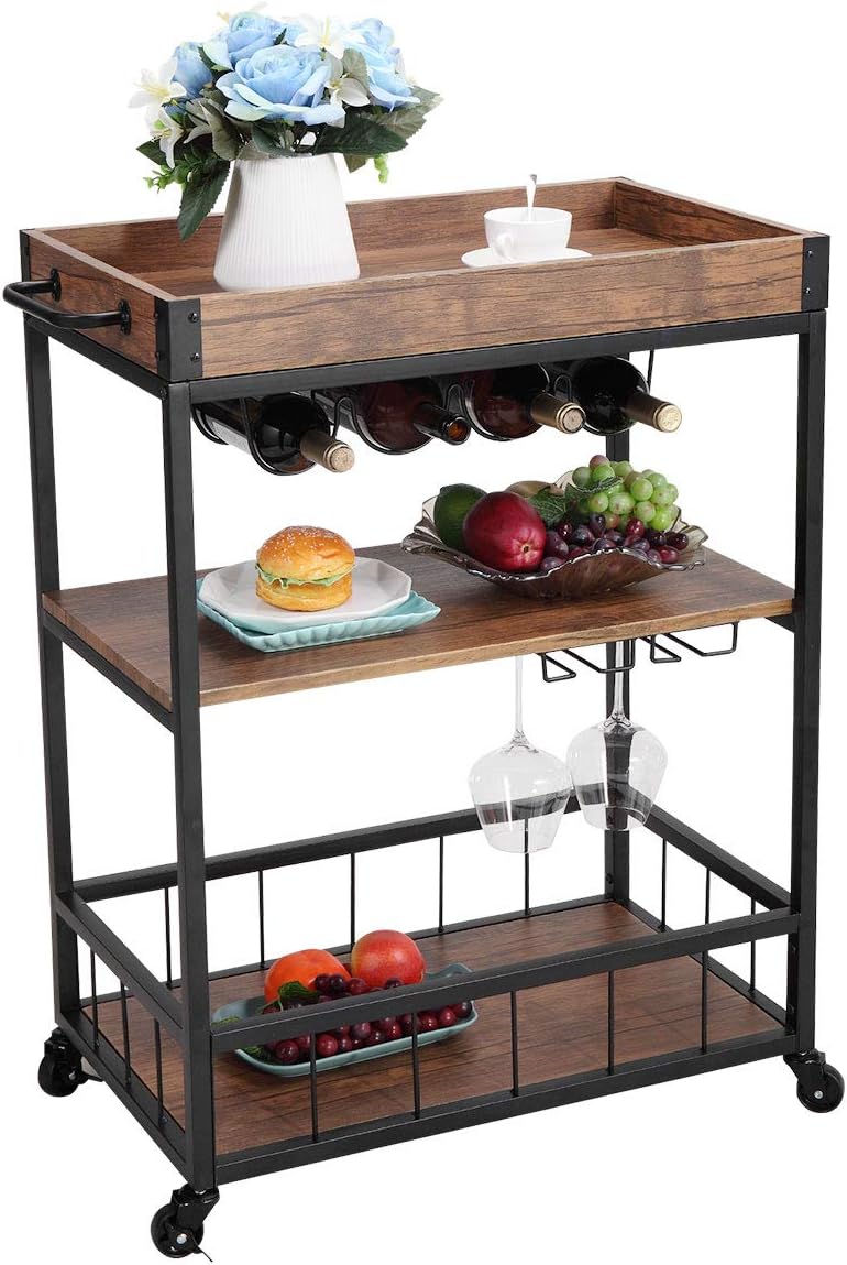 JAXSUNNY Bar Serving Cart Rustic Mobile Kitchen Serving cart with Removable Tray Industrial Vintage Style Wood Metal Serving Trolley Dining Room Utility Cart