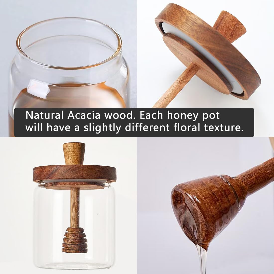 hiwafifi Glass Honey Jar with Dipper and Lid, 14 OZ Airtight Honeypot with Acacia Wood Lid, Coffee Syrup Dispenser, Round Honey Storage Container, Kitchen Dining Gifts for Her Bar Accessories