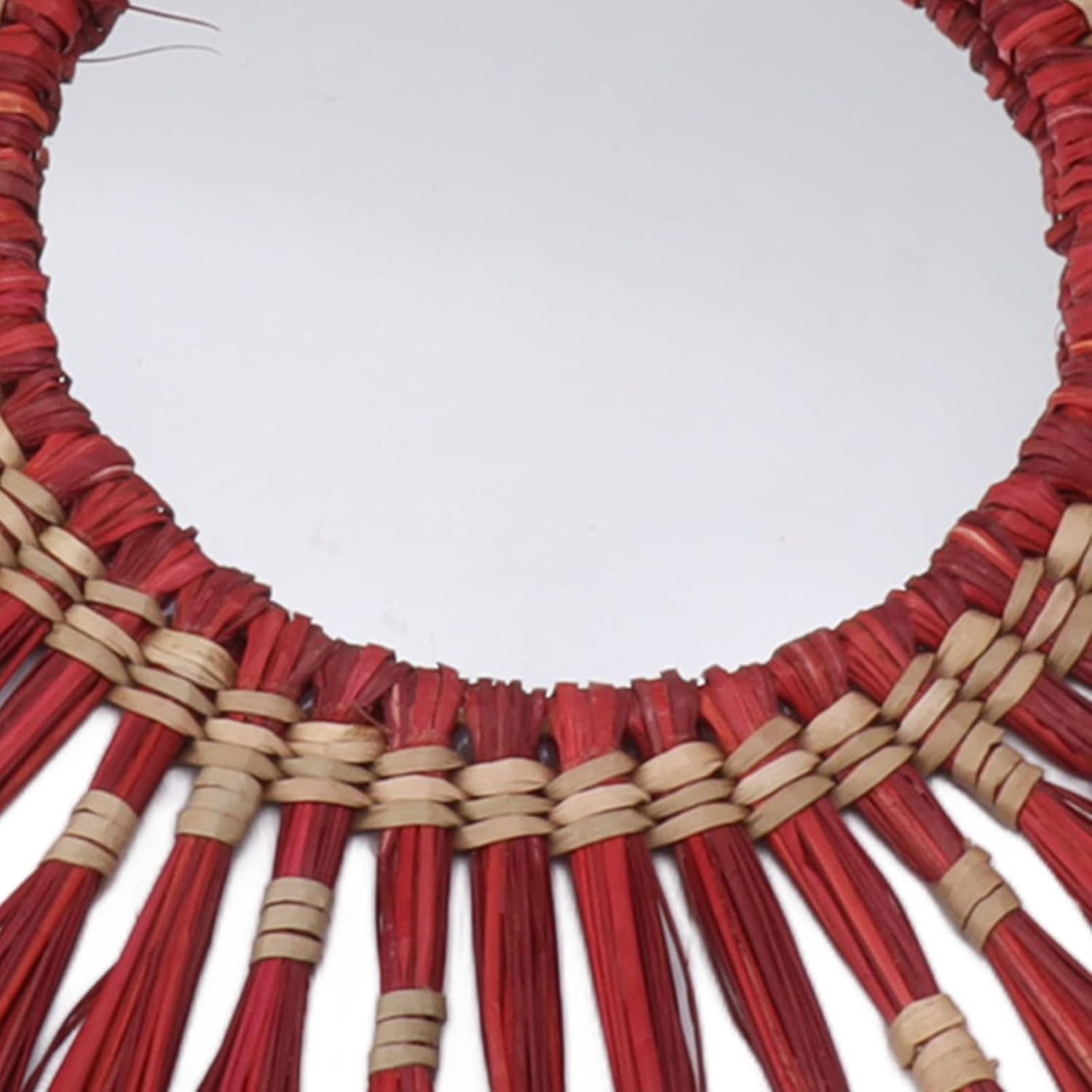 Woven Wall Mirror,Decorative Hanging Round Seagrass Wall Mirror,Boho Macrame Sea Grass Woven Mirror for Bedroom Living Room (Red)