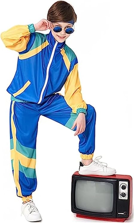 Boys Girls Retro Hip Hop 80s Tracksuit Costume Dance Sportswear Top Pants Sets Outfit Colorblock Windbreaker Sets