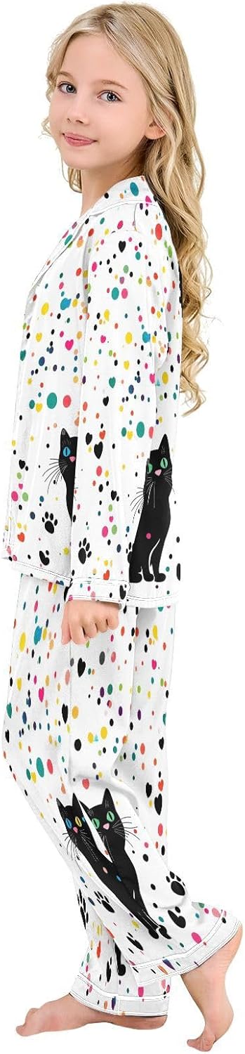 Button Up Satin Pajamas Set Cat Dot White Novelty Long Sleeve Sleepwear 2 Piece Pjs Set 5-14 Years