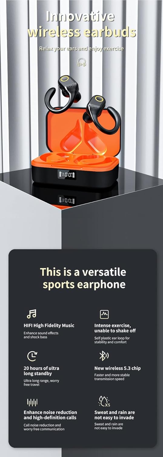 Bluetooth Headphones Wireless Earbuds with Earhooks 60Hrs Playback Ear Buds Power Display with ENC Noise Canceling Mic Over-Ear Stereo Bass Earphones for Sports/Workout/Running, White