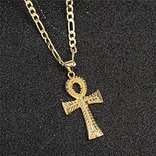 kelistom 14K Gold Silver Tone Stainless Steel Ankh Cross Pendant Necklace for Women Men 3mm Flat Figaro Chain Egyptian Cross Necklace 18/22 inches4