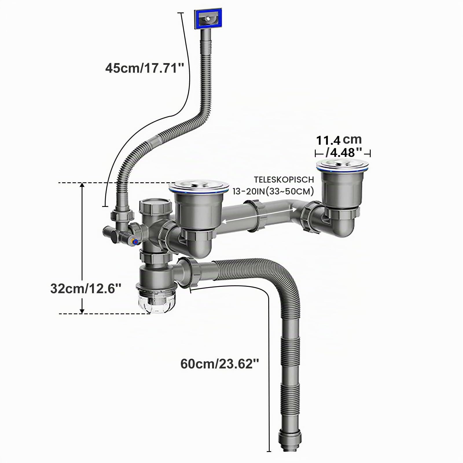 Doppelspülen-Ablaufset Platzsparendes Küchenspülen-Ablaufset Ausziehbares Flexibles Siphonrohr 114mm Spülenablauf-Montageset mit 4-Wege-Anschlussadapter für Geschirrspüler