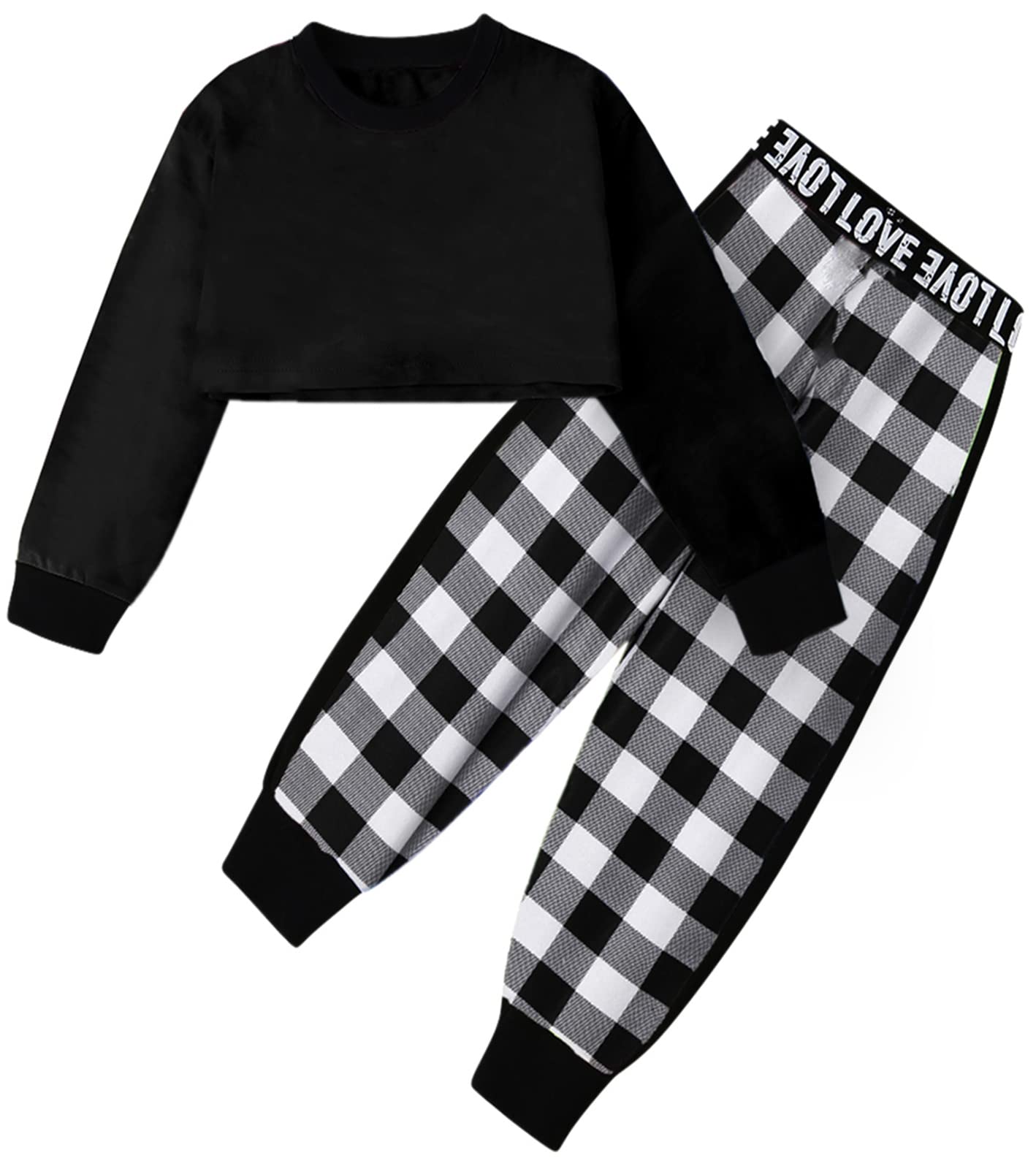 Betusline Girls Activewear Sets, Pullover Crop Sweatshirt Tops + Plaid Jogging Pants 2 Pieces Cropped Sweatsuit Clothes Set, Black + Plaid, 9-10 Years