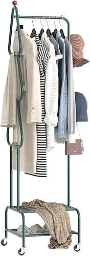 Vista 10 de Perchero de metal para ropa con ruedas y estantes, estantes de ropa portátiles rodantes para colgar ropa, solución de almacenamiento independiente