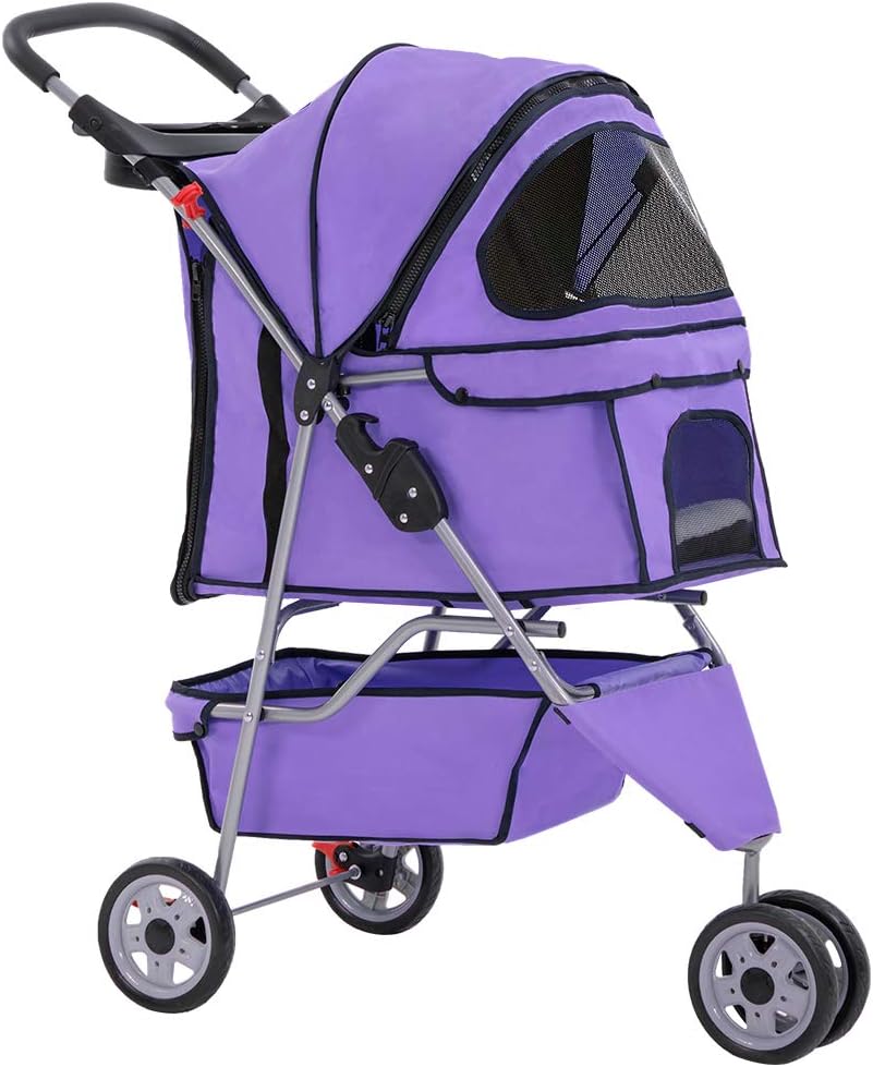 Purple Pet Stroller Cat Dog Cage 3 Wheels Stroller Travel Folding
