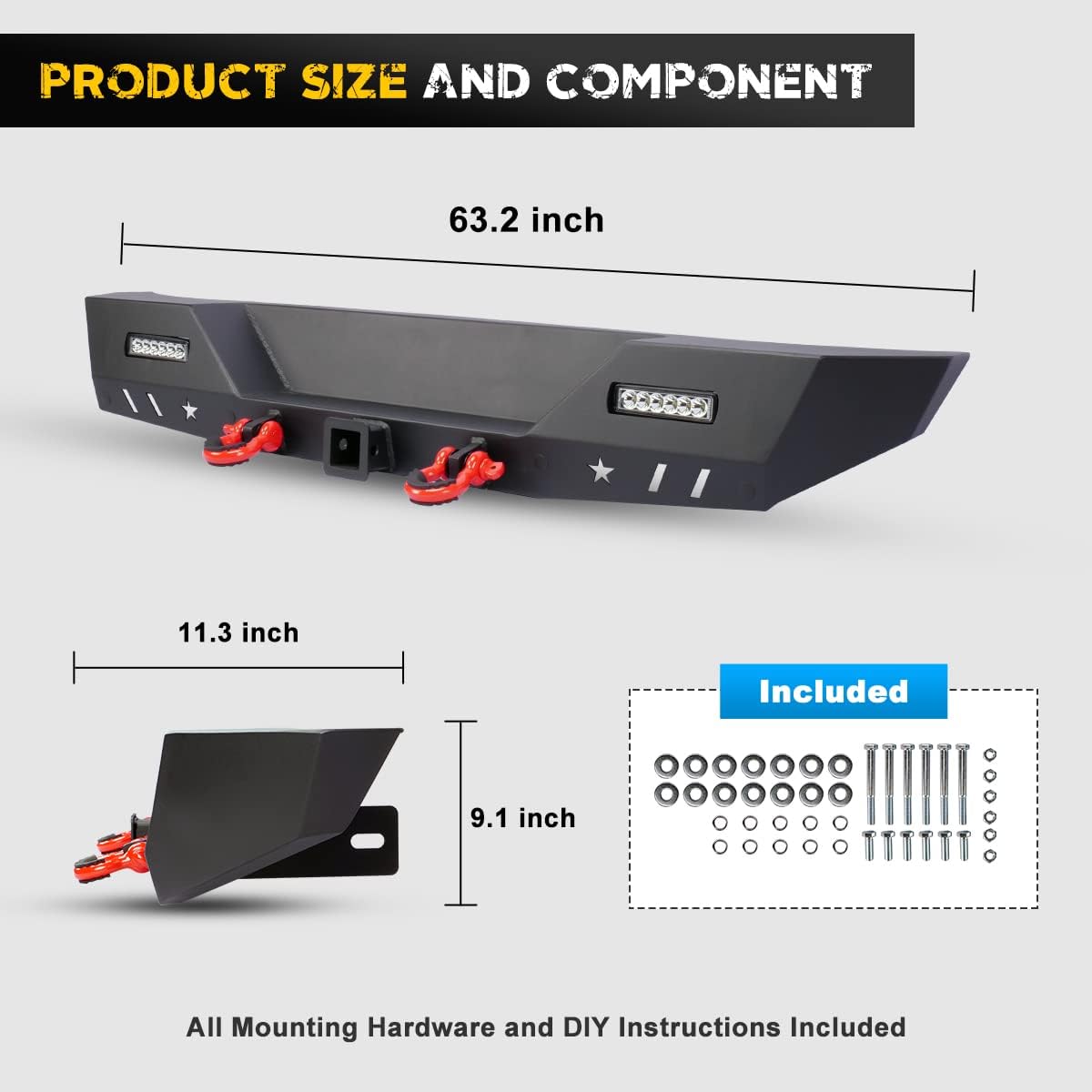 Rear Bumper for Jeep 2007-2018 Wrangler JK/JKU Unlimited, Hawkley Offroad Steel Bumper with 2X Fog Lights & Hitch Receiver & 2x D-ring For Jeep Wrangler 07-18 JK Wrangler Rubicon Sport