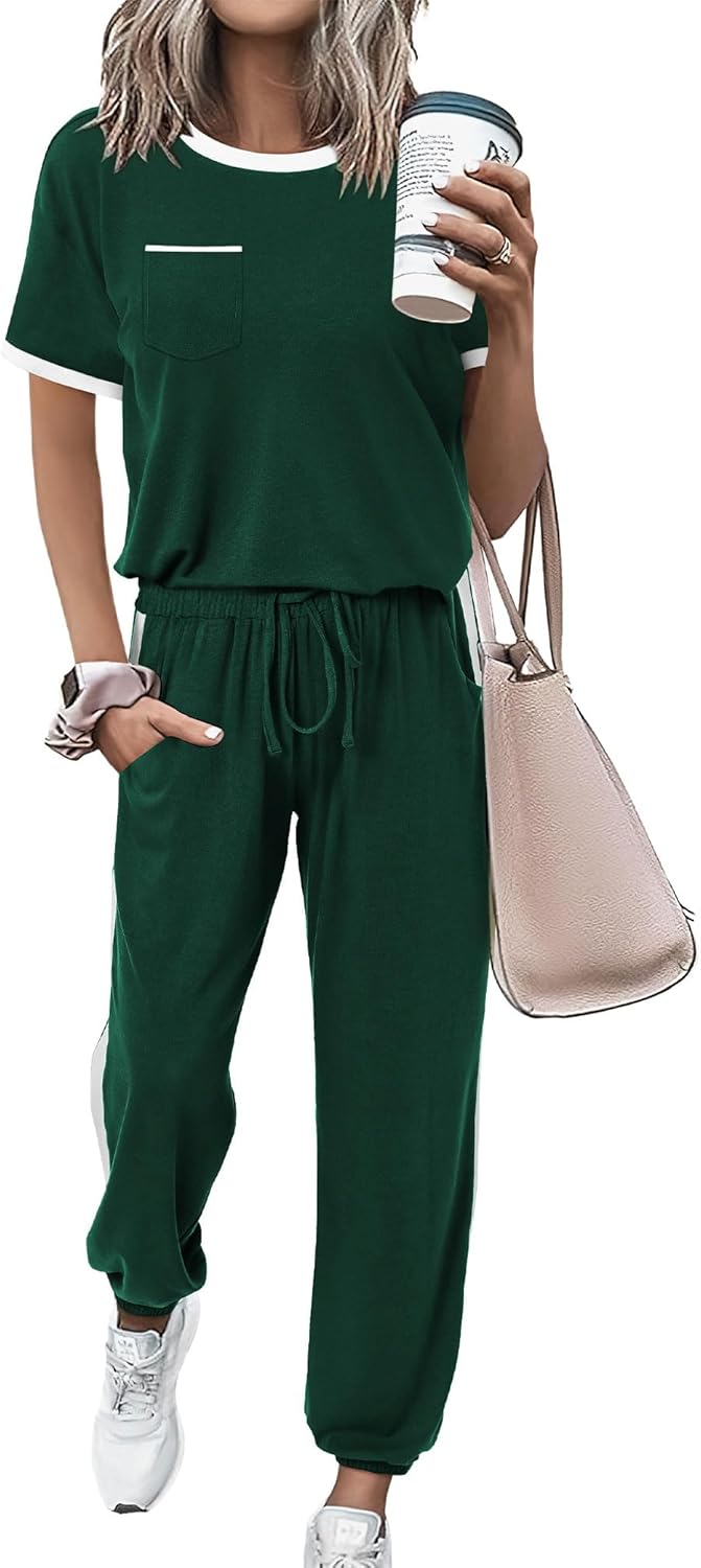 Amkoyam Women’s Two Piece Outfits 2025 Summer Short Sleeve Tops With Drawstring Long Pants Tracksuit Jogger Lounge Set