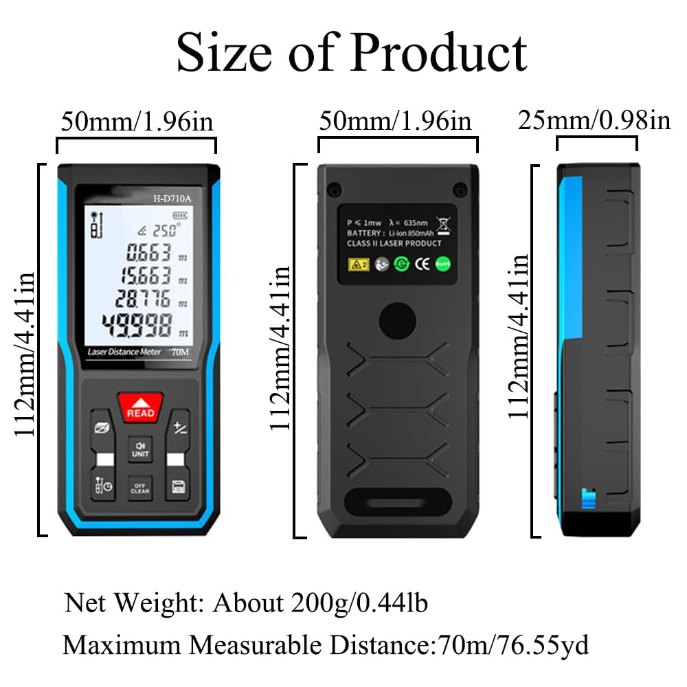 Medidor de distancia láser de 70 m, medición láser IP54 de semillas de roca, dispositivo medidor de distancia láser portátil, cinta métrica láser digital con pantalla LCD retroiluminada