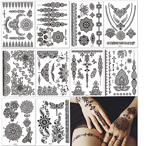 Temporary Tattoos 10 Sheet For Women Girls Mandala Flower Tattoo Stickers Indian Brown Lace Tattoo,Waterproof Removable Fake Tattoo Festival For Body Art (black-10pcs)