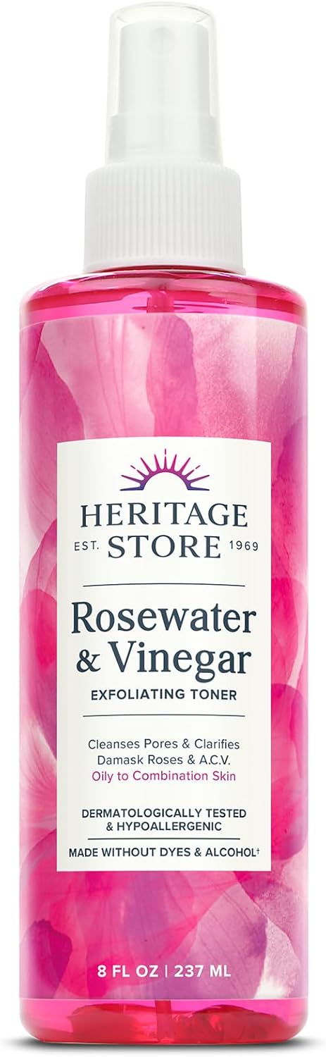 HERITAGE STORE Rosewater & Vinegar – Exfoliating Toner with Apple Cider Vinegar – Oily to Combination Skin – Refreshing Facial Mist Cleans, Refines Pores and Clarifies Skin Hypoallergenic, Vegan, 8oz