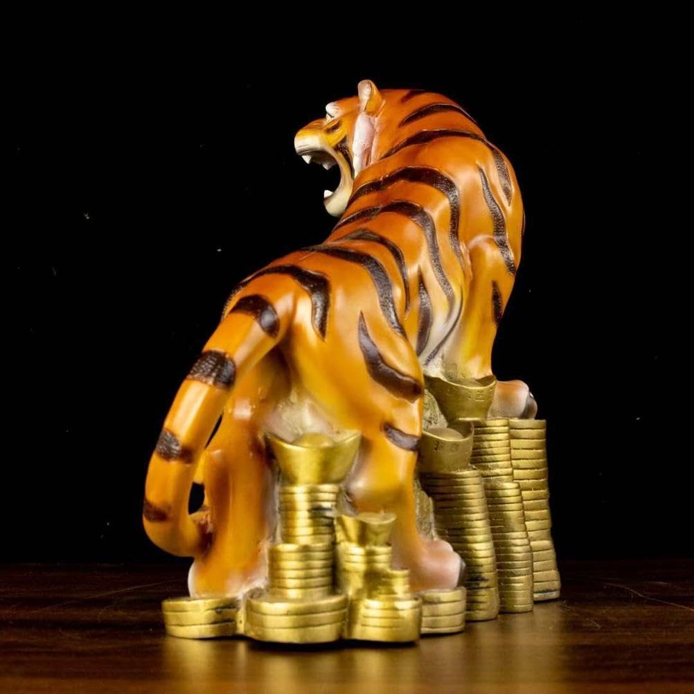 Mosiężna statua tygrysa pod górę – 13,8" duża figurka chińskiego tygrysa zodiaku trzymająca sztabkę złota, dekoracja Feng Shui bogactwo i ochrona, ręcznie robiony
