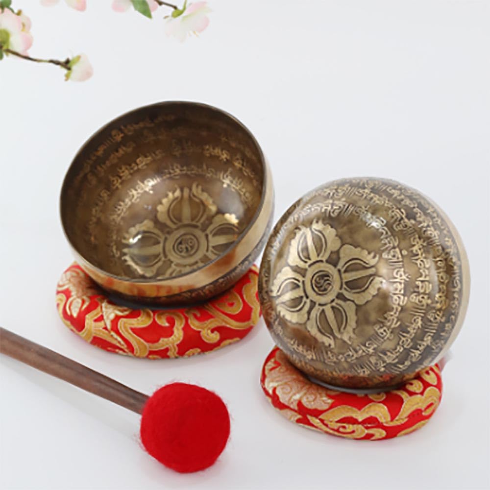 Set di campane tibetane con bastone in pelle, knock& Cushion-facile da suonare – bel suono per guarigione olistica, sollievo dallo stress, meditazione e relax