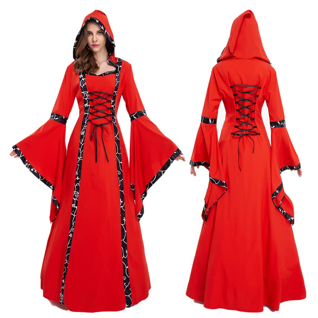 Kobiety Halloween retro kostium sądowy średniowieczny gotycki trąbka rękaw sukienka z kapturem dla dorosłych przebranie na karnawał akcesoria