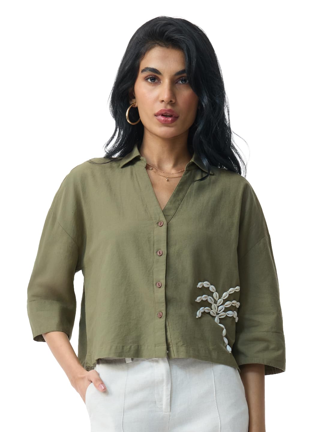 The Souled Store Camicia in cotone e lino: Shelly da donna e ragazza, lunghezza al gomito, scollo a V, verde oliva, ricamata, in cotone e lino, vestibilità oversize, traspirante, per abbigliamento