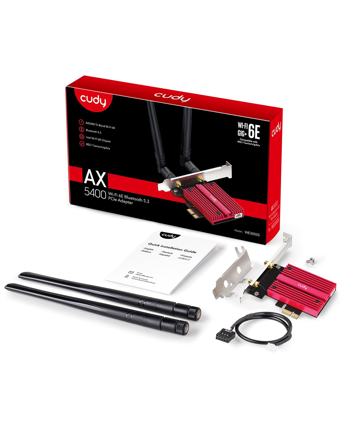 Cudy AX5400 Tri‑Band Wi‑Fi 6E Bluetooth PCI‑E Adapter PC WE3000S | Modulo Intel AX210, 2,4/5/6GHz fino a 5400Mbps, Bluetooth 5.3, slot PCIe, WPA3, OFDMA MU-MIMO, Win 10/11