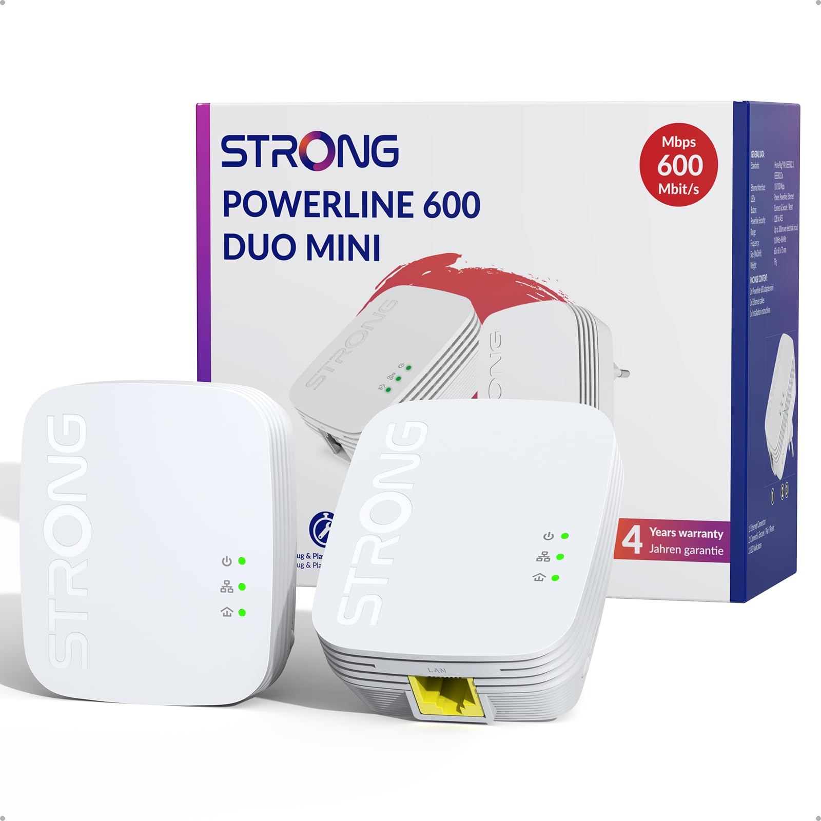 STRONG AV600 Kit Powerline, Ripetitore Powerline Ethernet HomePlug AV2, Plug & Play, Sicurezza One-Touch, Modalità Risparmio Energetico, Portata fino a 300 Metri, Porte LAN 100Mbps (PL600M)