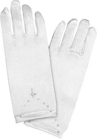 Pink Princess First Communion Gloves for Girls - Rhinestone Cross Design for 1st Holy Communion