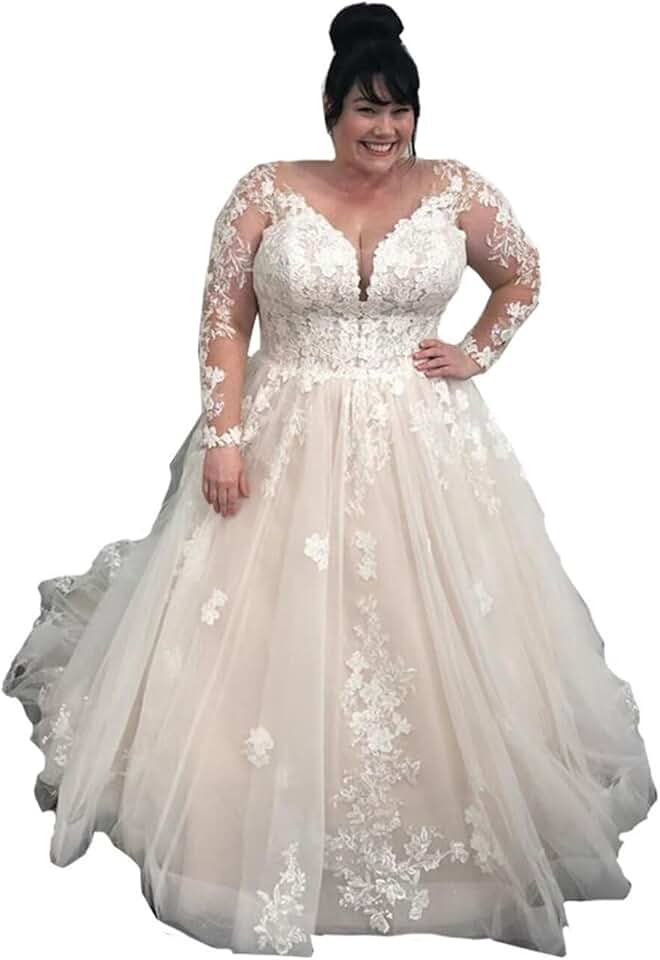 Vestidos de casamento plus size evasê para noivas, manga comprida, ilusão, gola V, cauda de renda, vestidos de baile