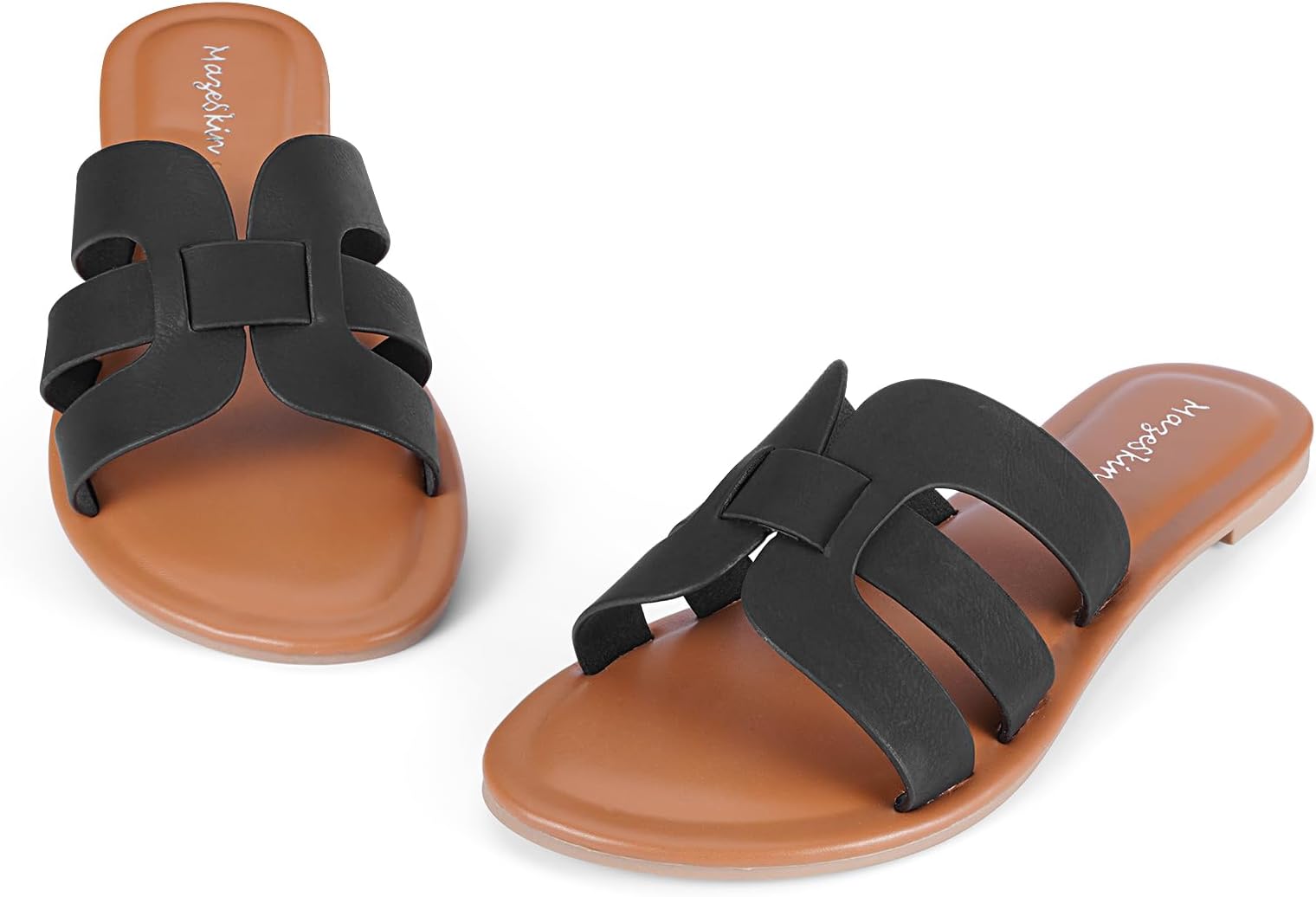 mazeskin Womens H-Band Flat Sandals Summer Comfortable Dressy Slide Beach Sandals,Black US8