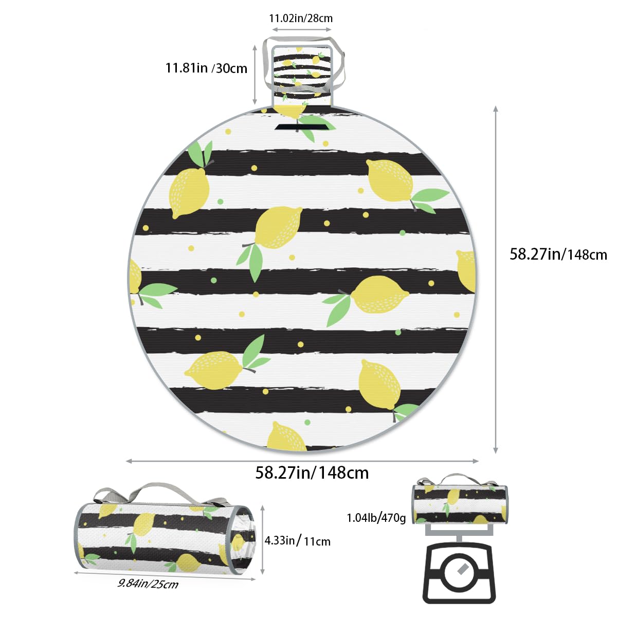 Shimoshe Striped Background Lemon Picnic Outdoor Blanket Foldable Waterproof Sandproof Beach Blanket Portable Water-Resistant Round Picnic Mat for Travel Camping Park Lawn